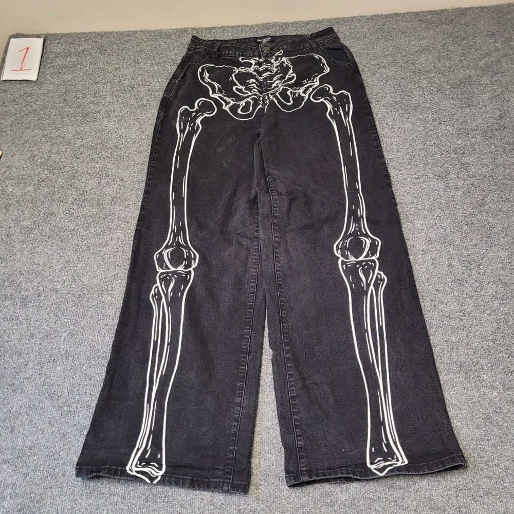 Hot Topic Jeans Womens Size 9 Black Skeleton Graphic Wide Leg Goth Denim Pants